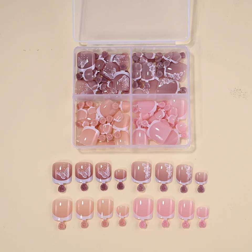 96Pcs/Box French Fake Toenails Butterfly/Flower Design Short Square Press On Toenail Glossy Full Cover False Toe Nail ExtensionT251118T251119