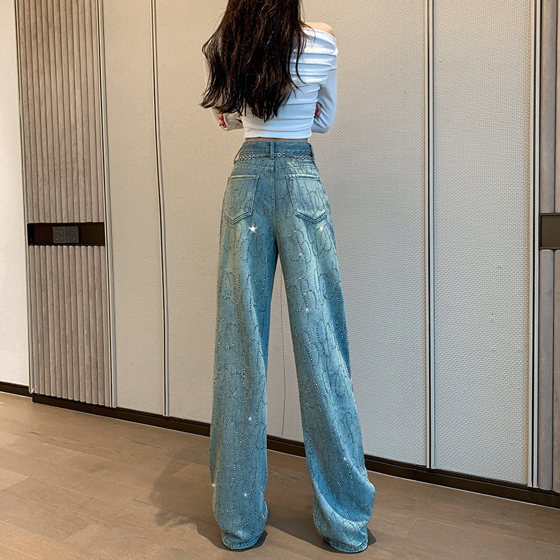 Designer Summer Luxury Gradient Jeans Women's Vintage Water Diamond Starry Sky Straight Leg Pants Narrow Legs Street Fashion College Students Blu