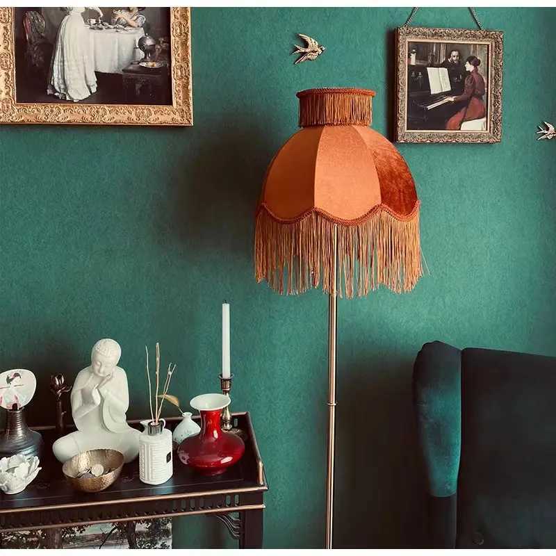 French tassel velvet lampshade floor lamp luxurious retro caramel handmade art station lamp for living room sofa bedroom M251119