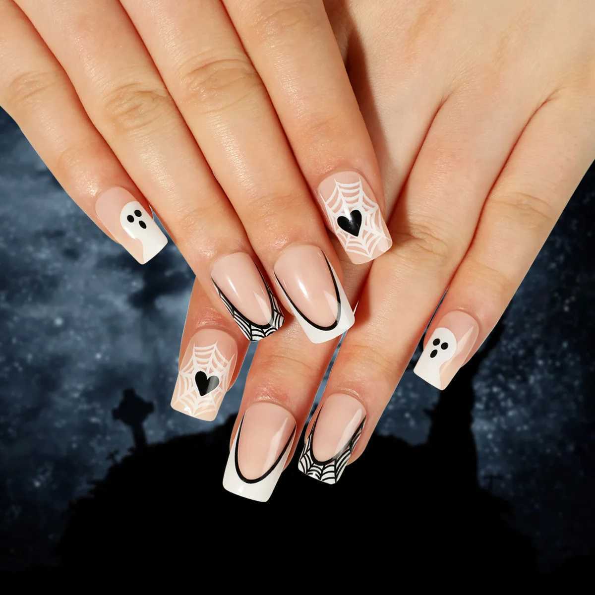 24P/Set Halloween Fake Nails Art Ghost Face Pumpkin Spooky Designer Girls Party Press on Nail Tips Wearable Stick on Nails FalseT251118T251119