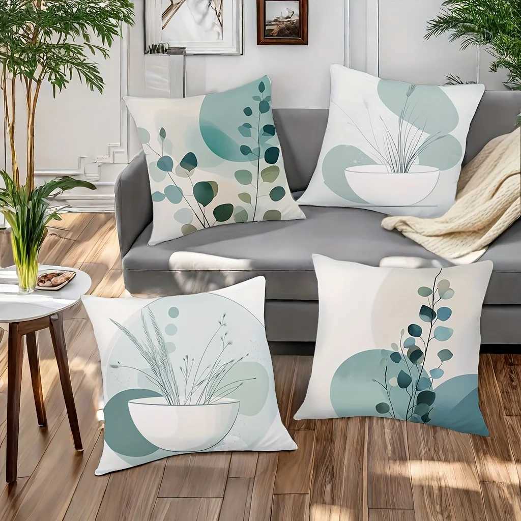 4pcs Bohemian Abstract Pattern Throw Covers Modern Cyan and White Design Comfortable and Fashionable Machine WashableM251119