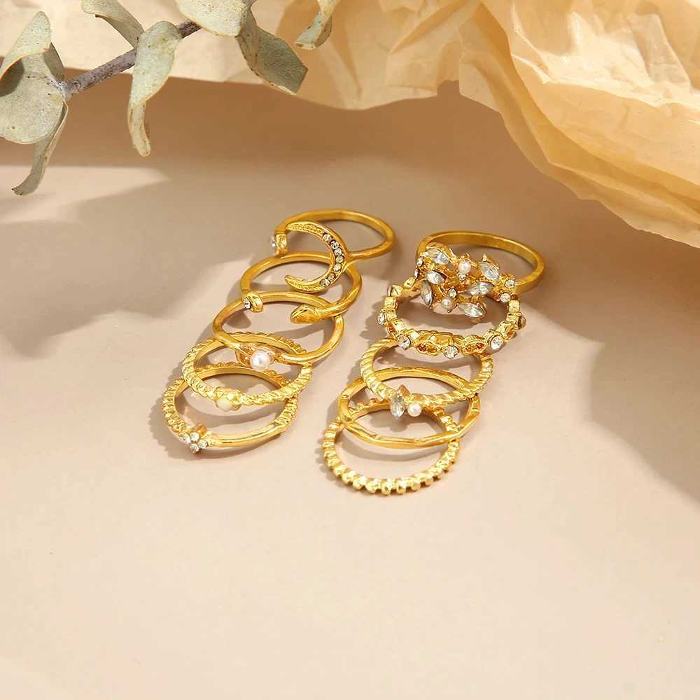 10 piece ring set gold colored chain ring set Bonn style coins Snake Moon Star party trend gift jewelryC250419