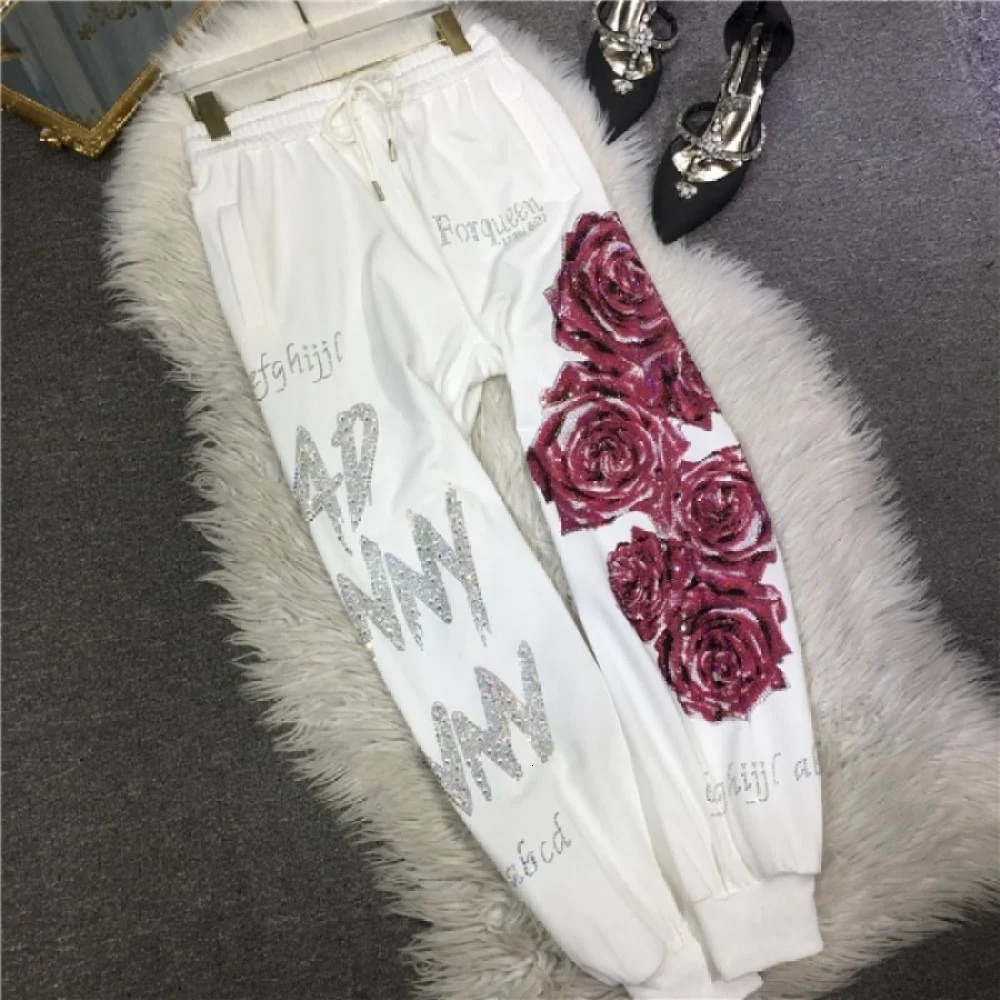 XL-4XL Plus 150kg Womens Rhinestone Flower Big Size Sweatpants Casual Streetwear High Waisted Baggy Pants Woman Z260314