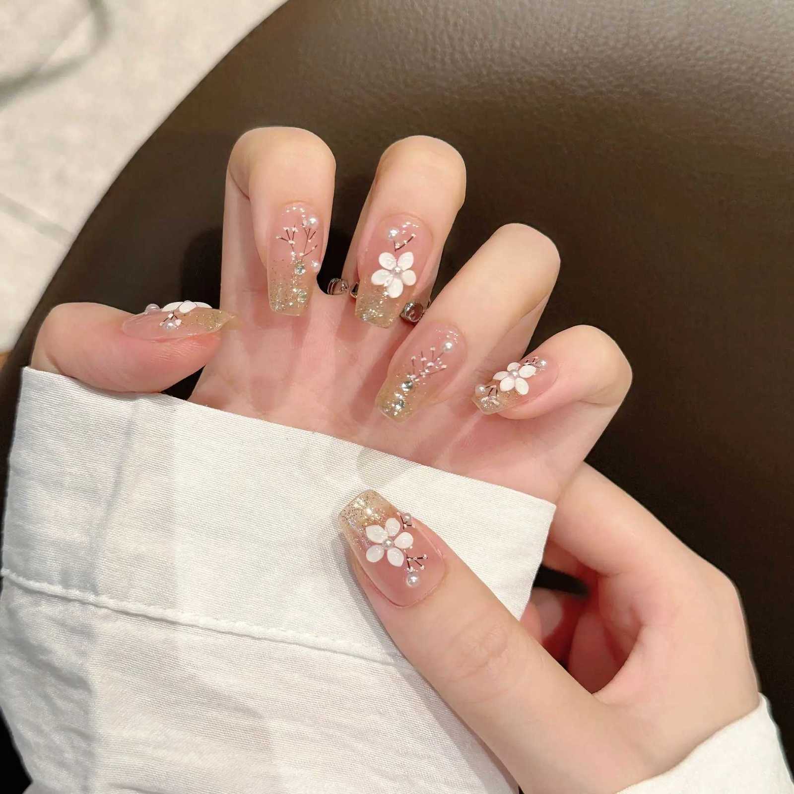 10Pcs Handmade False Nails Mid-length Ballet Full Cover Nail Tip with Flowers Design Pink Wearable Fake Nails Art Press on NailsT251118T251119