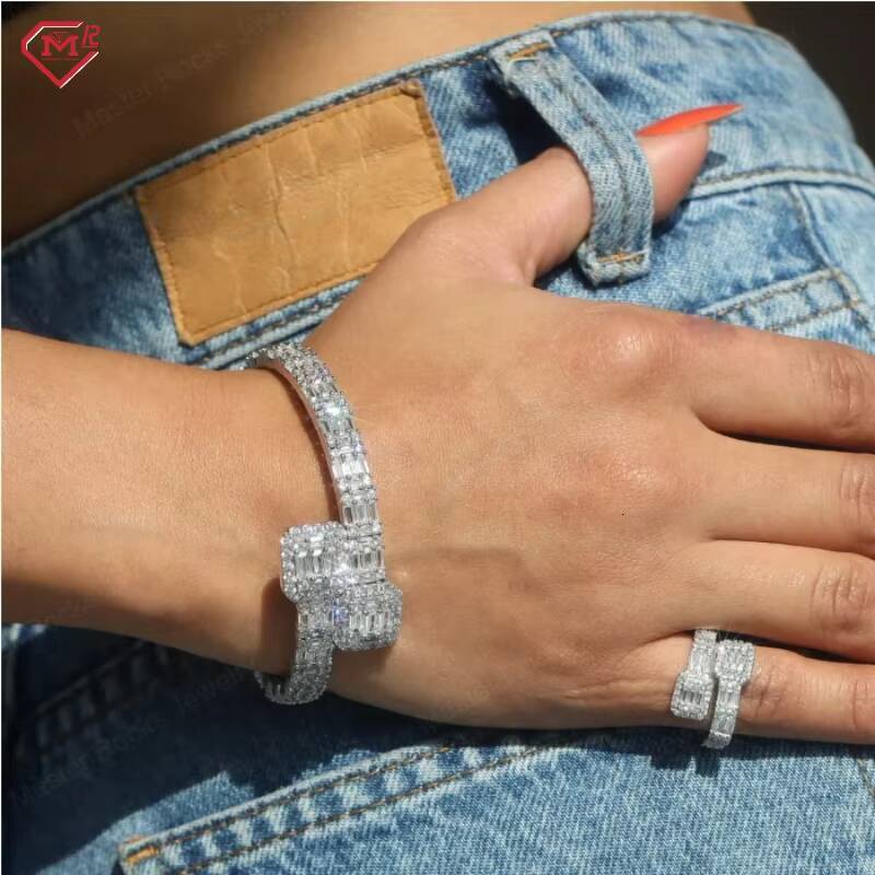 Hip Hop Jewelry Moissanite Bangle Baguette 925 Sterling Silver Vvs Iced Out Moissanite Bracelet