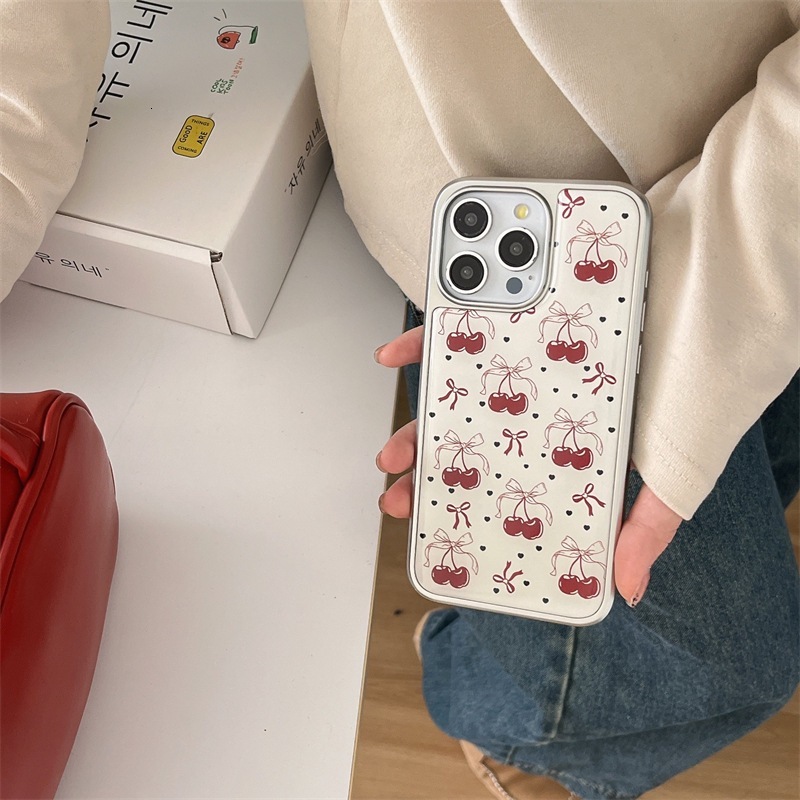 Bowknot Cherry Phone Case Compatible with iPhone 16 Pro Max Silver Edge Protective Case iPhone 15/14/13 Pro