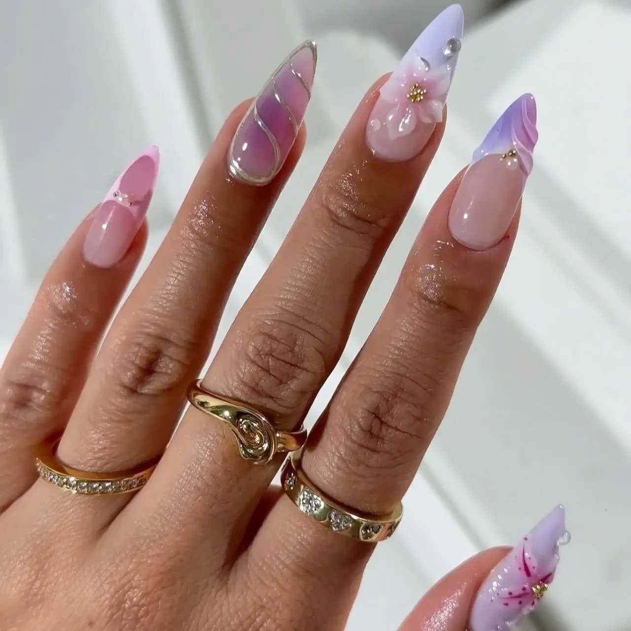 24PCS Pink Blush 3D Flower Press on Nails Sweet Simple Pattern French Fake Nails for Women Artificial Wearable Almond Nail TipsT251118T251119