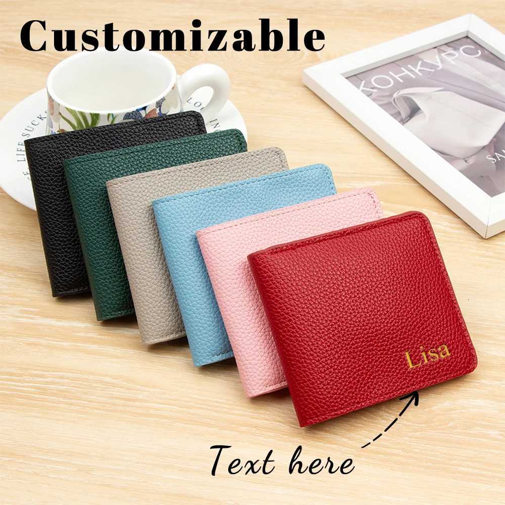 Customized name PU leather ultra-thin double-fold short cash wallet with ID window and card slot double-fold card holder walletT251119