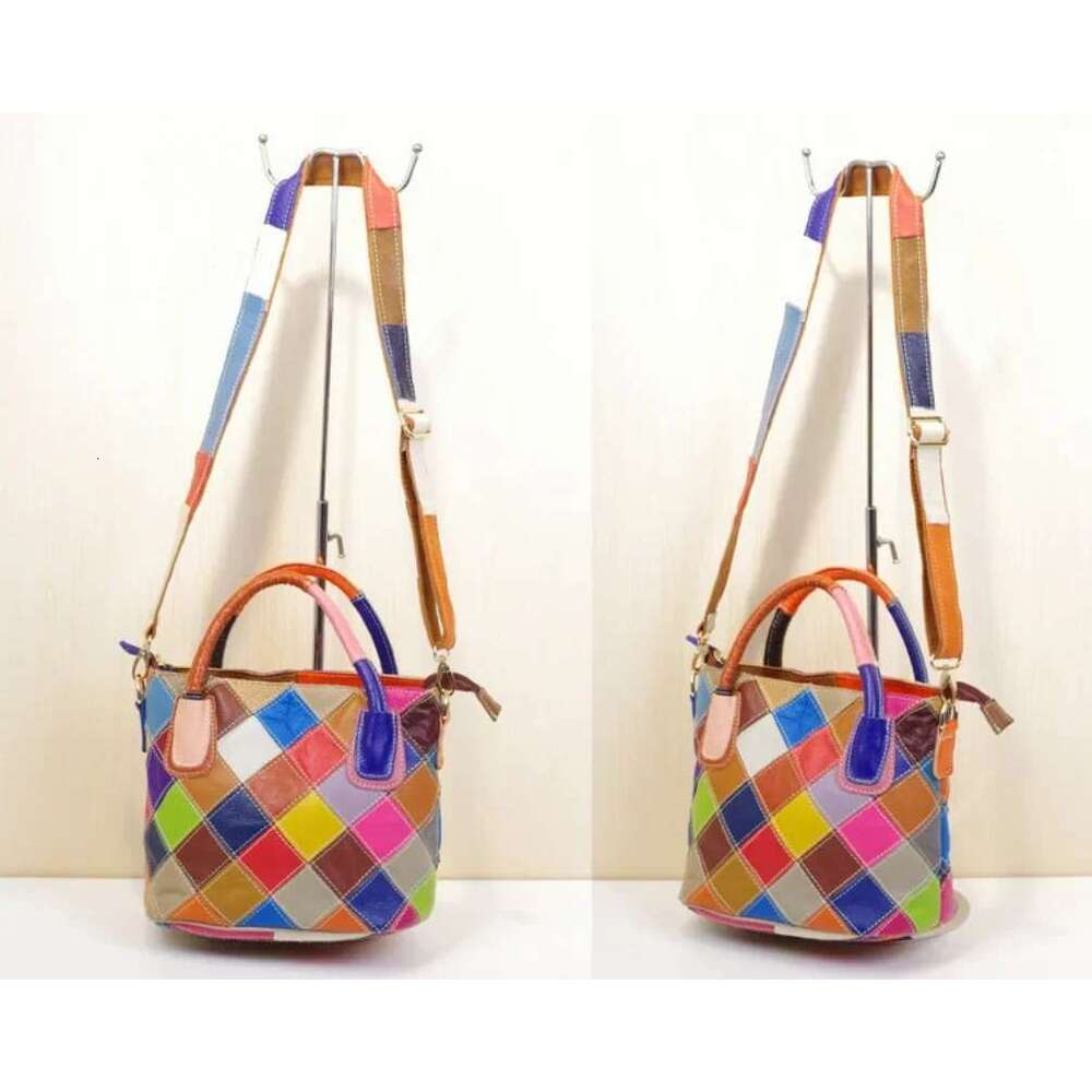 Vintage Cowhide Bucket Bag - Contrast Plaid Design With Tote Function For Women's Casual Outings