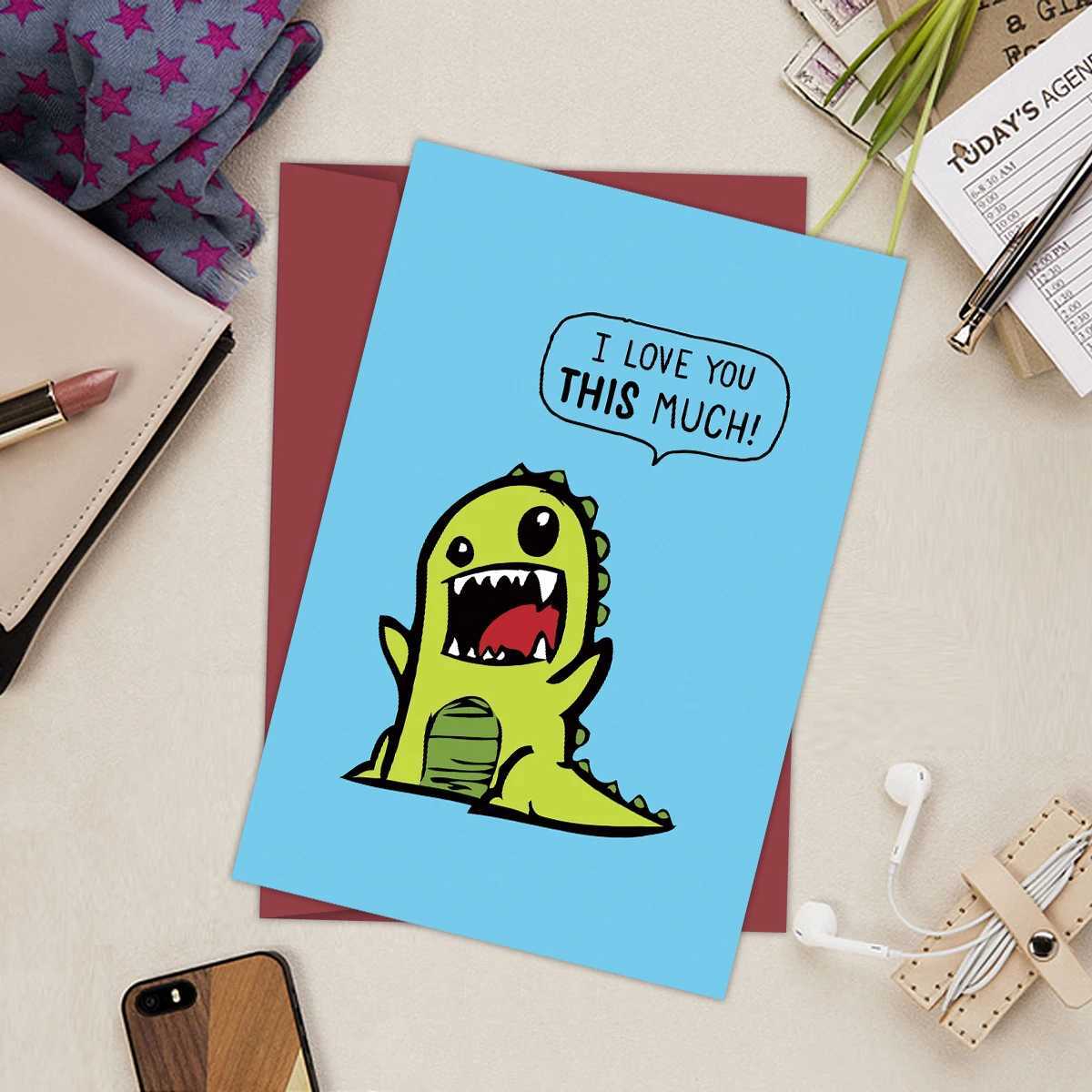 1PC Cute Dinosaur Birthday Greeting CardI Love You This MuchFunny Anniversary Card With EnvelopeThank you Card for Her Him G251119