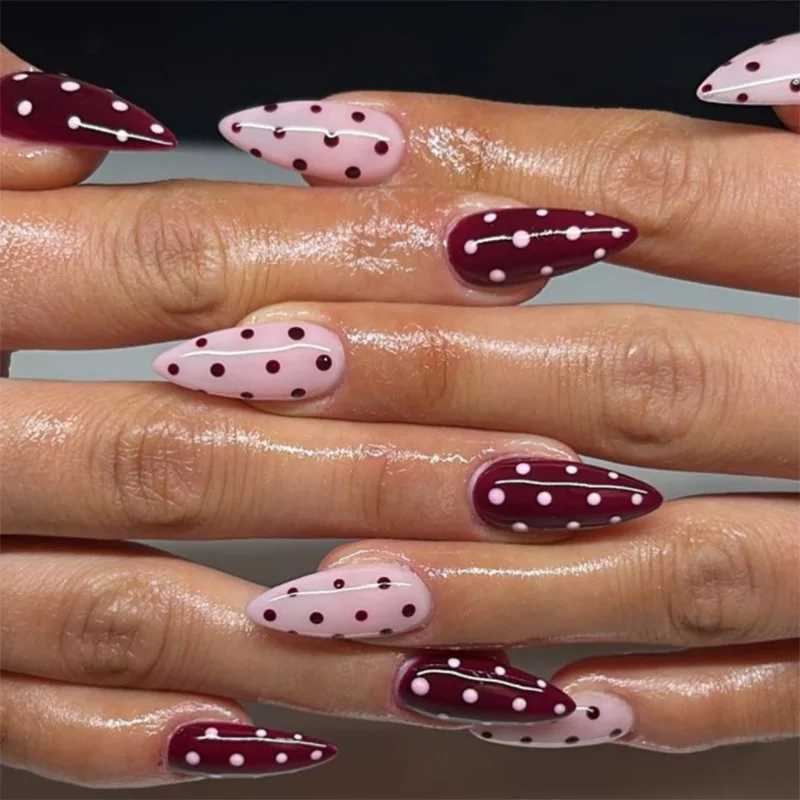 24Pcs Simple White Polka Dot Design False Nails Press on Mid-length Almond Fake Nails Round Head Wearable Full Cover Nails TipsT251118T251119