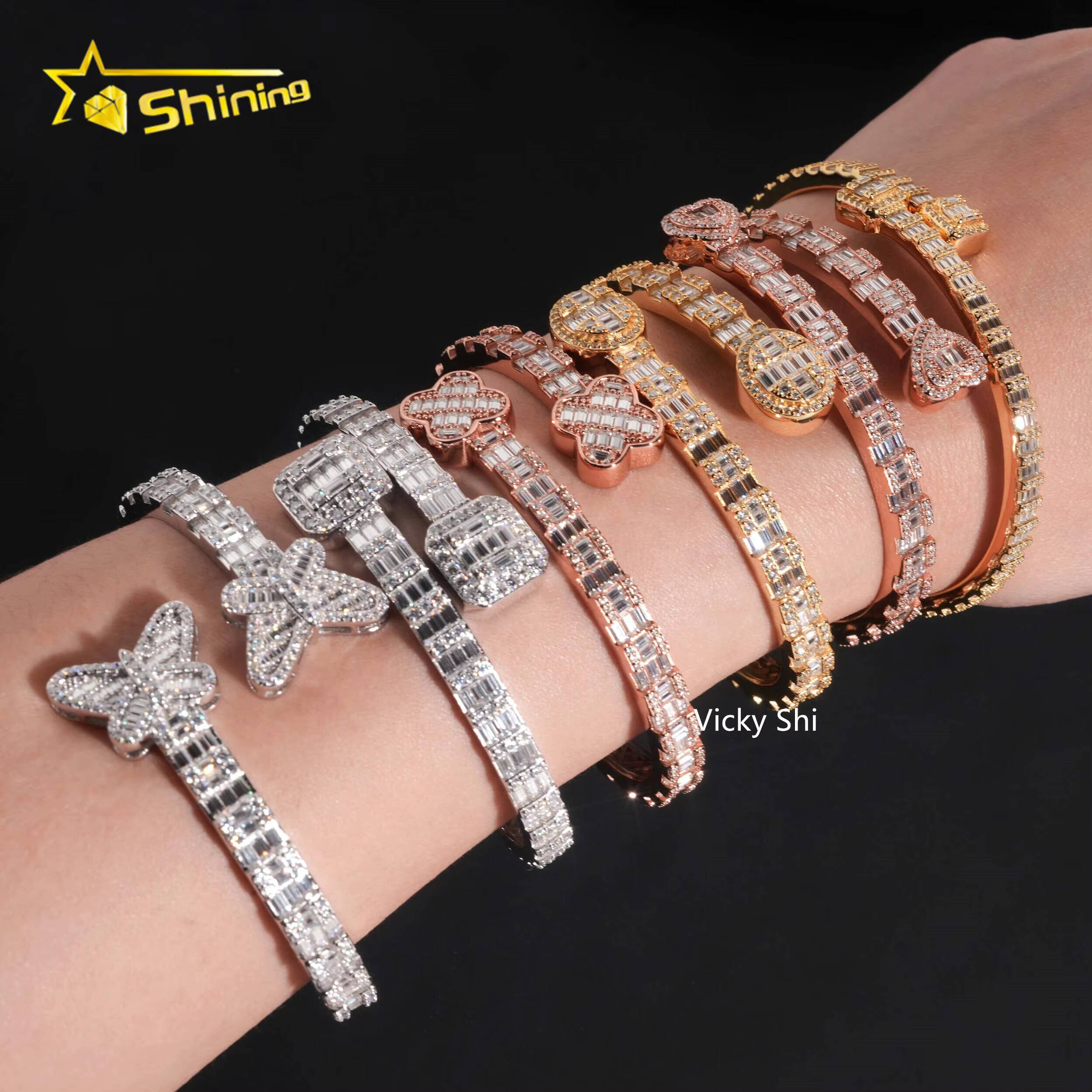 Fine Jewelry Men Women Moissanite Bracelets 925 Sterling Silver Butterfly Heart Clover Style Moissanite Bangles Ready to Ship