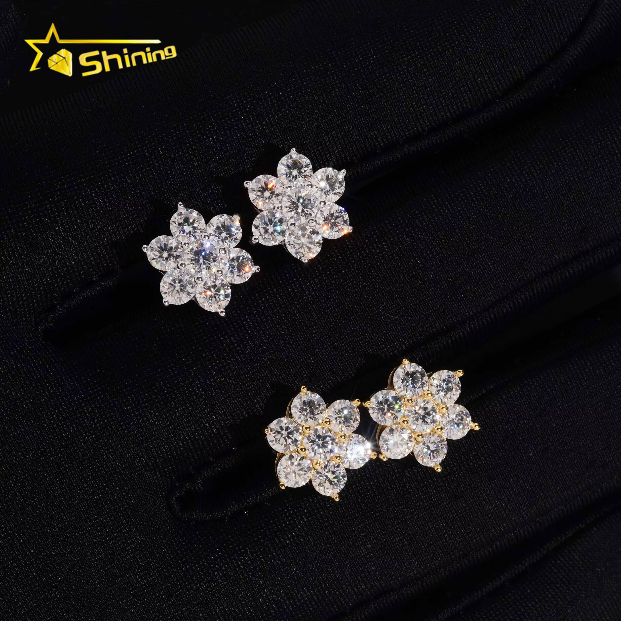 Hot Sale Flower Earring Gold Plated 925 Sterling Silver Iced Out VVS Diamond Moissanite Screw Back Stud Earrings Fine Jewelry