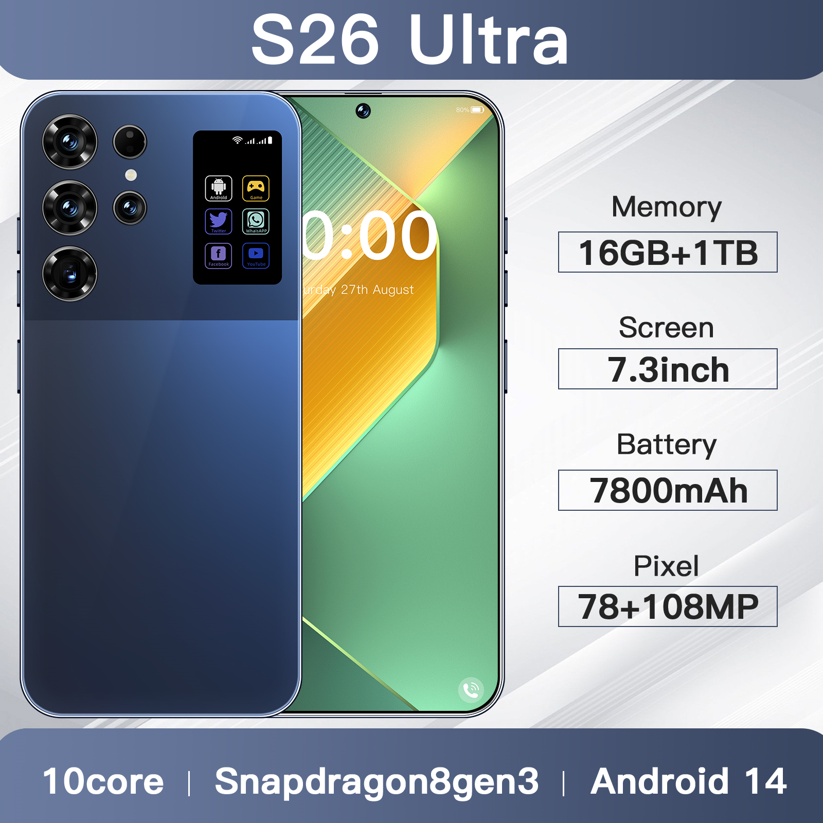 The best-selg S26 Ultra features an octa-core 16+1TB mid-hole 7.3-inch model Unlock Touch Screen Phone Androids Camera Telephone HD Display Face Recog
