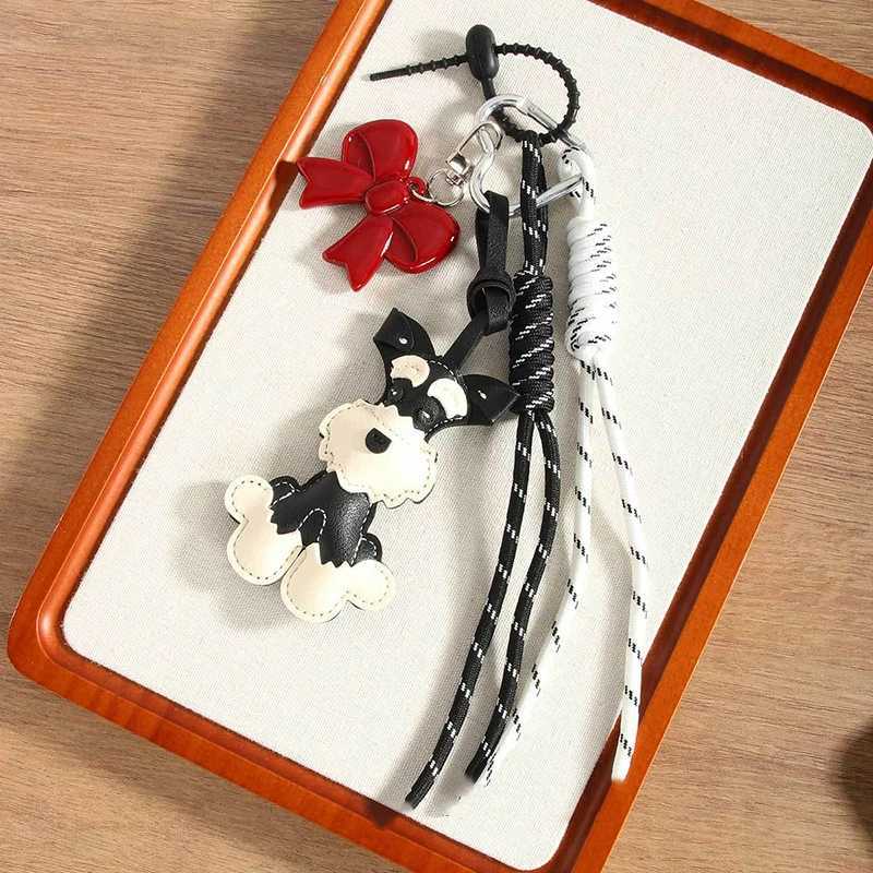 Cute PU Leather Schnauzer Keychain Cute Little Dog PU Leather Hanger Animal Car Keyring Bag Pendant Y250418