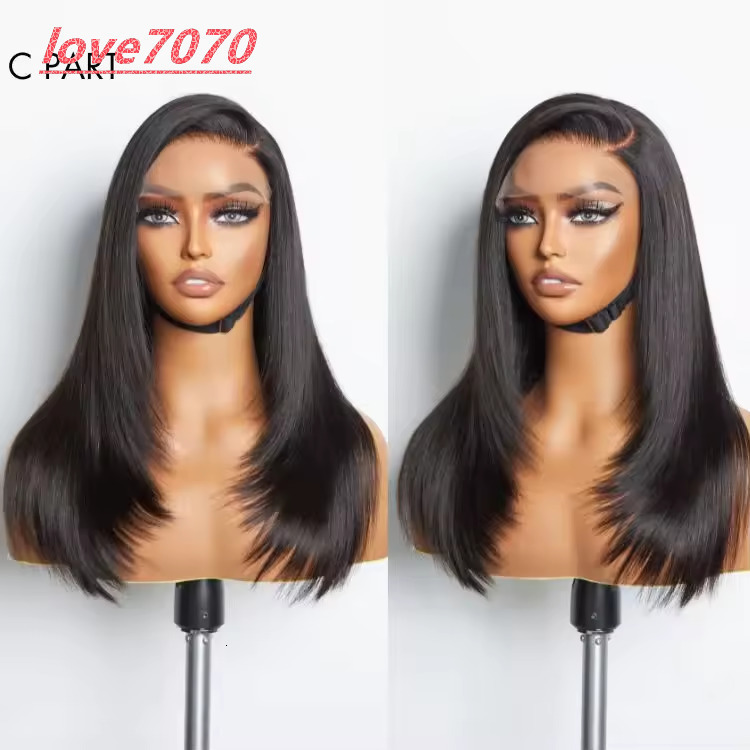 12A Grade Virgin Hair Layered Cut Silky Straight Human Hair Wigs Mid Side C Part Highlight Colored Closure Glueless Wig