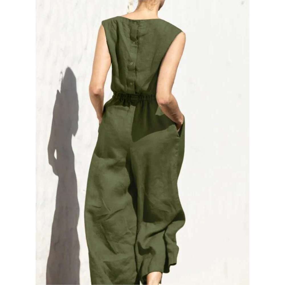 Designer Clothing Cotton And En Jumpsuit Women Solid Color Sleeveless Pocket High Waist Wide Legs Jumpsuits Casual Commuting Ladies Bodysuits