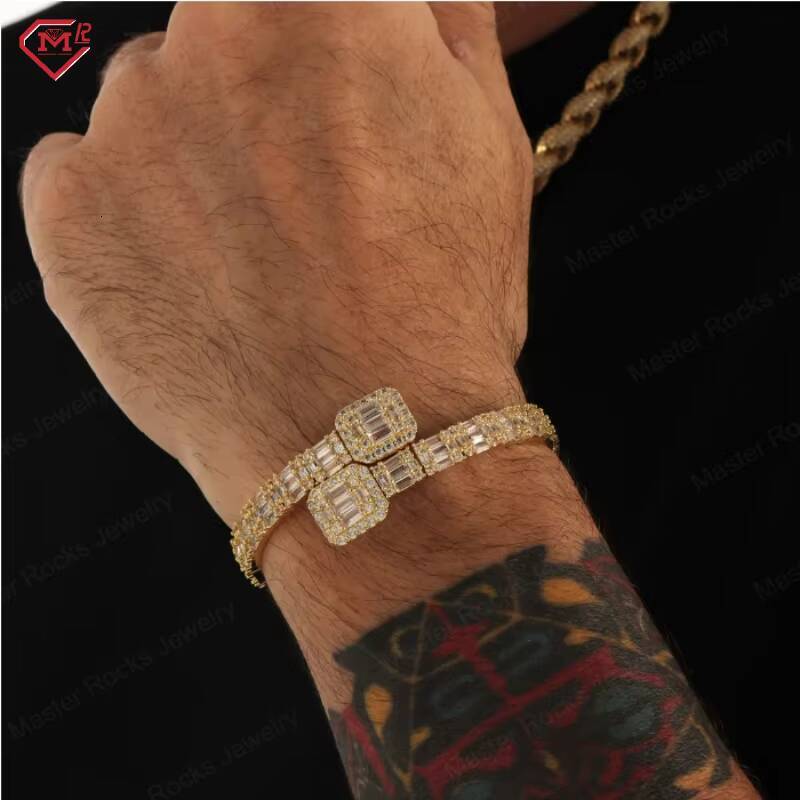 Hip Hop Jewelry Moissanite Bangle Baguette 925 Sterling Silver Vvs Iced Out Moissanite Bracelet