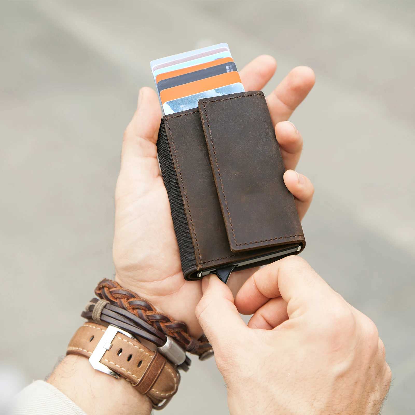 Hiram RFID Card Holder Wallet for Men Credit Card Holder Money Purse Business Unisex Genuine Leather Cardholder Aluminum BoxT251119