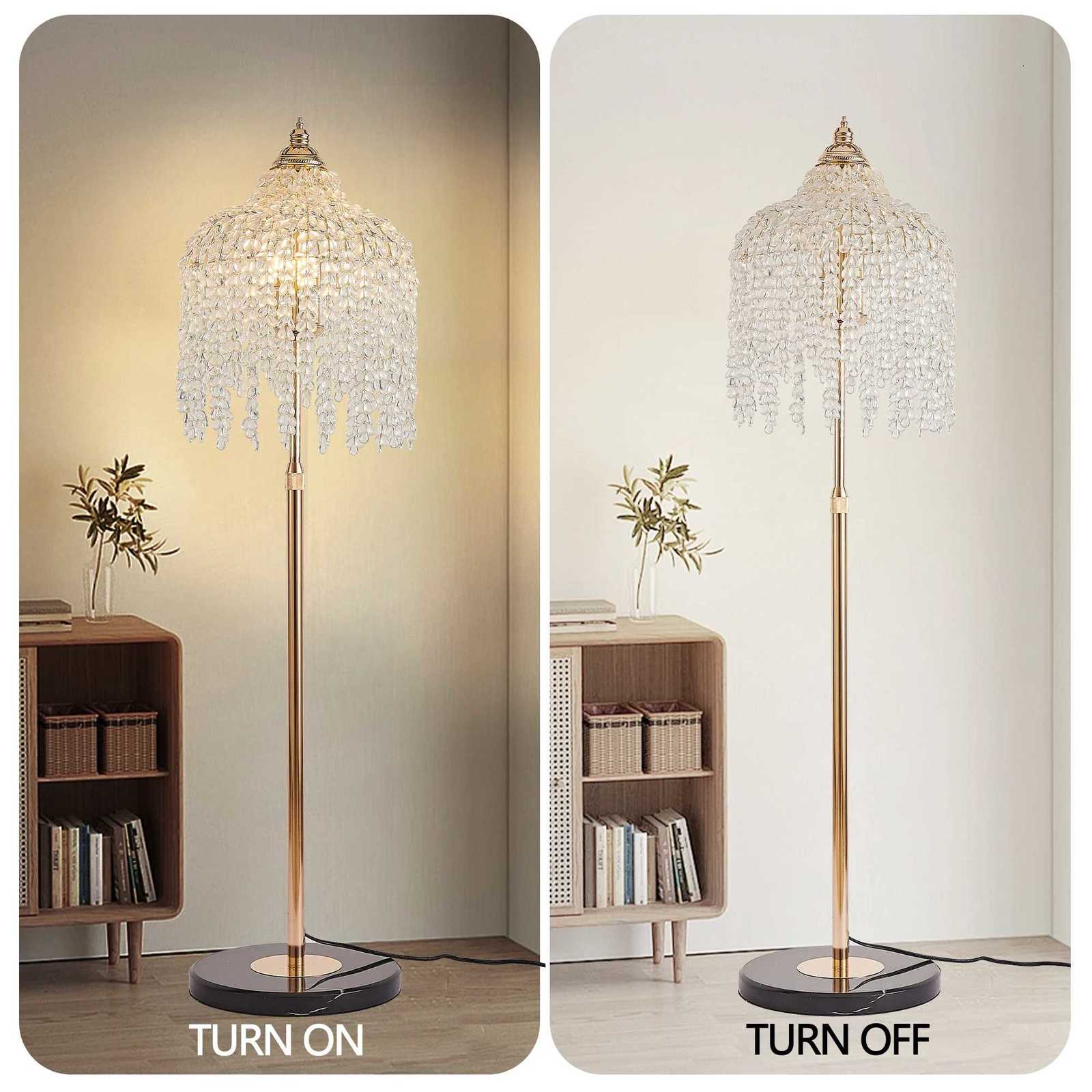 3-Light Elegant Crystal Floor Lamp Vintage Waterfall Design with Crystal Bead Strings and Marble Texture Base No Bulb M251119