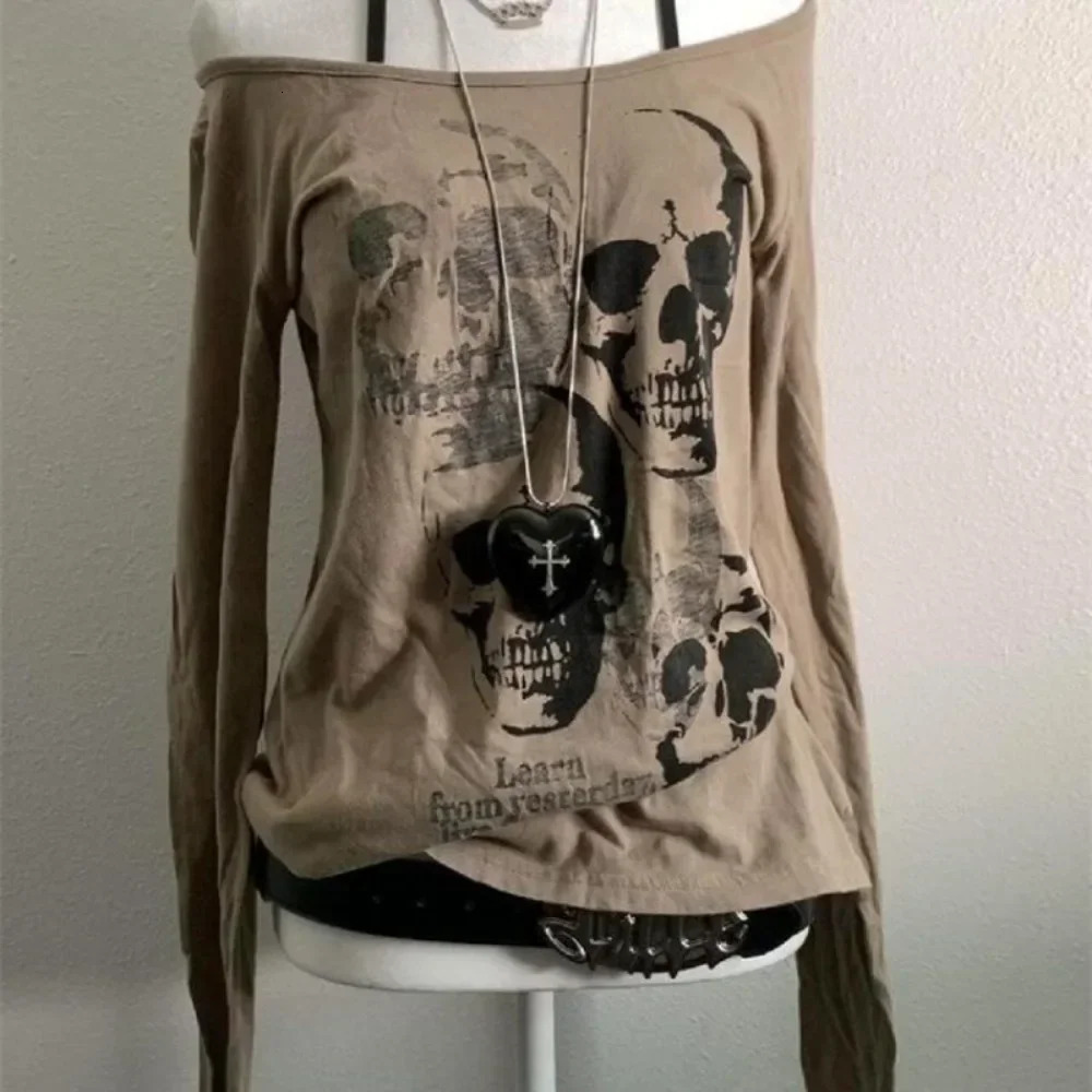 Y2k retro Emo womens Harajuku long sleeved Acubi Fairycore Tshirt skeleton printed Gothic oversized top Alt clothing 250410