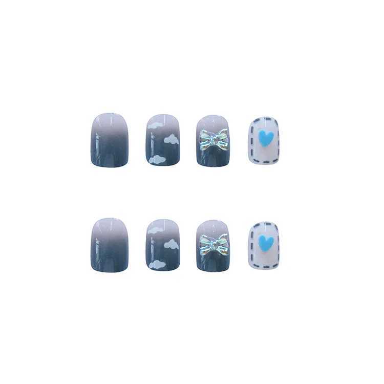 24pcs Short Square Round Fake Nails Blue Sequin Design Press on Nails Full Cover Artificial False Nail Art Accessories ToolsT251118T251119