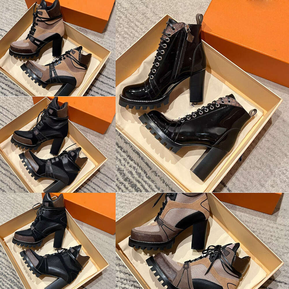 Luxury designer boot woman Black Brown old flower Calf Leather Booty Chunky Heel Beaubourg Martin fashion womens Booties Knight Chelsea Lace-up high heel Lady shoes