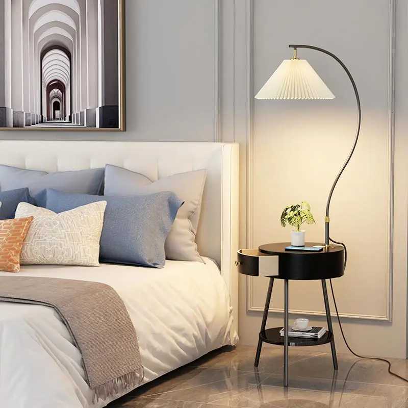 LED Pleated Lampshade Floor lamp with Wood Shelves Living Room Bedroom Corner Home Decoration Marble Standing Light E27 M251119