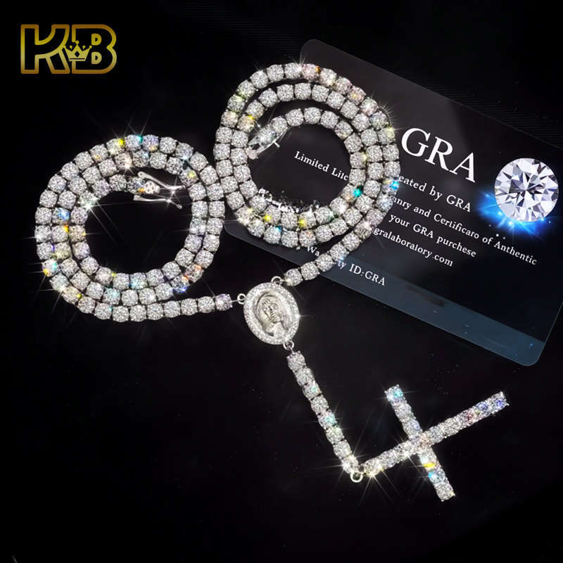 Luxurious Pure Sier Hip-Hop Rosary Necklace 4mm VVS Moissanite Unisex Cross Pendant Chain| Chilled Jewelry