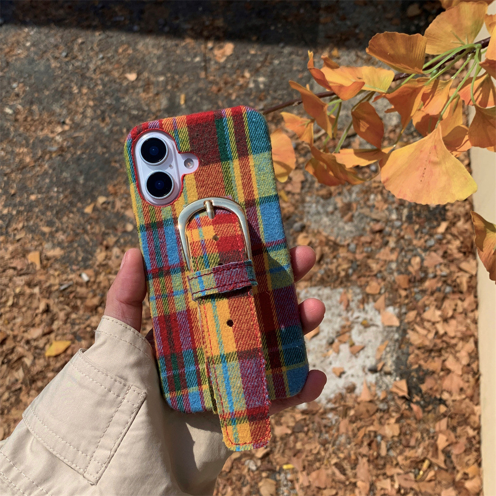 Plaid Colorful Card Holder Phone Case Compatible with iPhone 16/15 Pro Max Niche Simple Protective Case iPhone 14 Pro