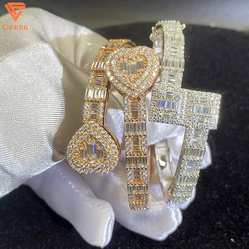 Lifeng Jewelry Moissanite Bracelet Ice Hip Hop Baguette Cut Diamond Heart Shape Bangle Bracelet Silver Rose Gold Plated Wome