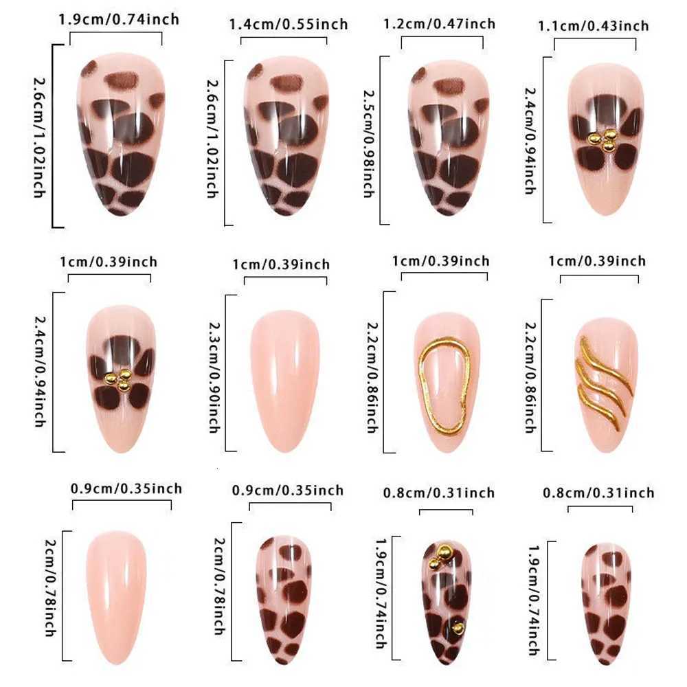 24Pcs 3D Glossy Leopard Print Press on Nails Medium Almond Metal Gold Fench line Fake Nails Full Cover Acrylic Fake Nails Tips 1T251118T251119