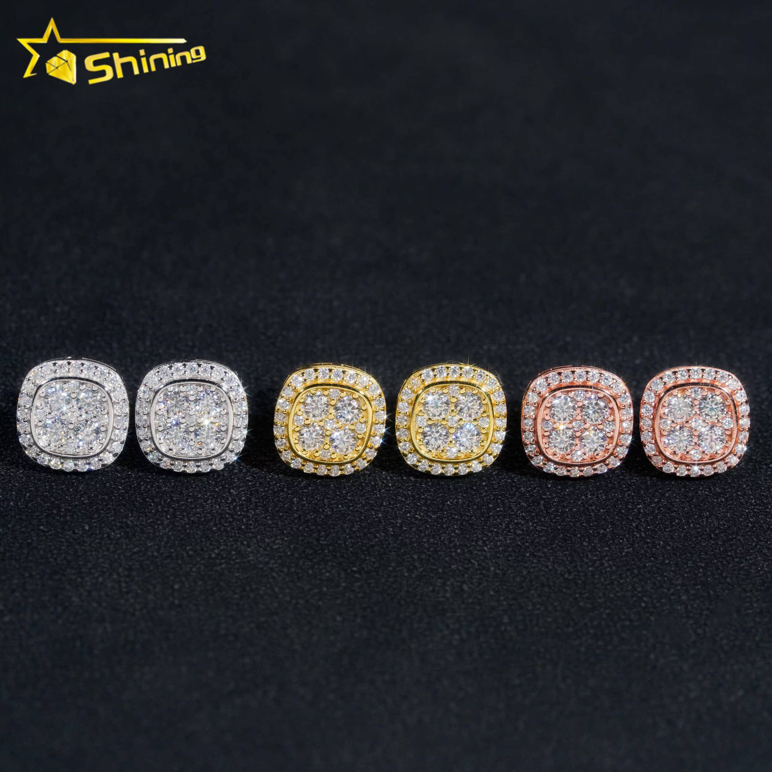 Iced Out 925 Silver Gold Plated Screw Back Moissanite Stud Earrings Hip Hop Jewelry Square Shape Moissanite Earrings Men