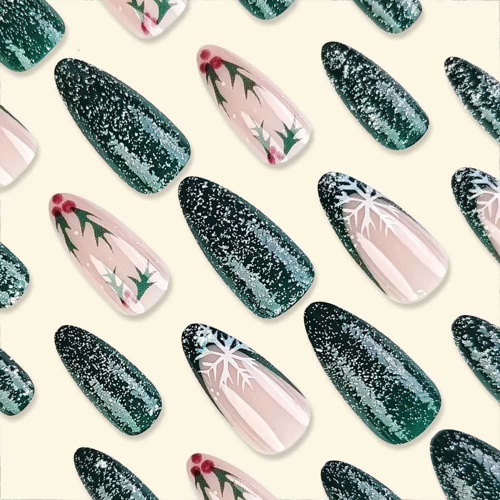 24pcs Christmas Press on Nails Green Tree Christmas False Nails Reusable Acrylic Fake Nails French Almond Nail CharmT251118T251119