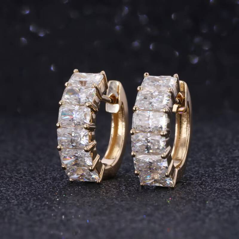 Yellow 14k Gold Crushed Ice Radiant Cut 3x5mm Moissanite Diamond Hoop Earrings