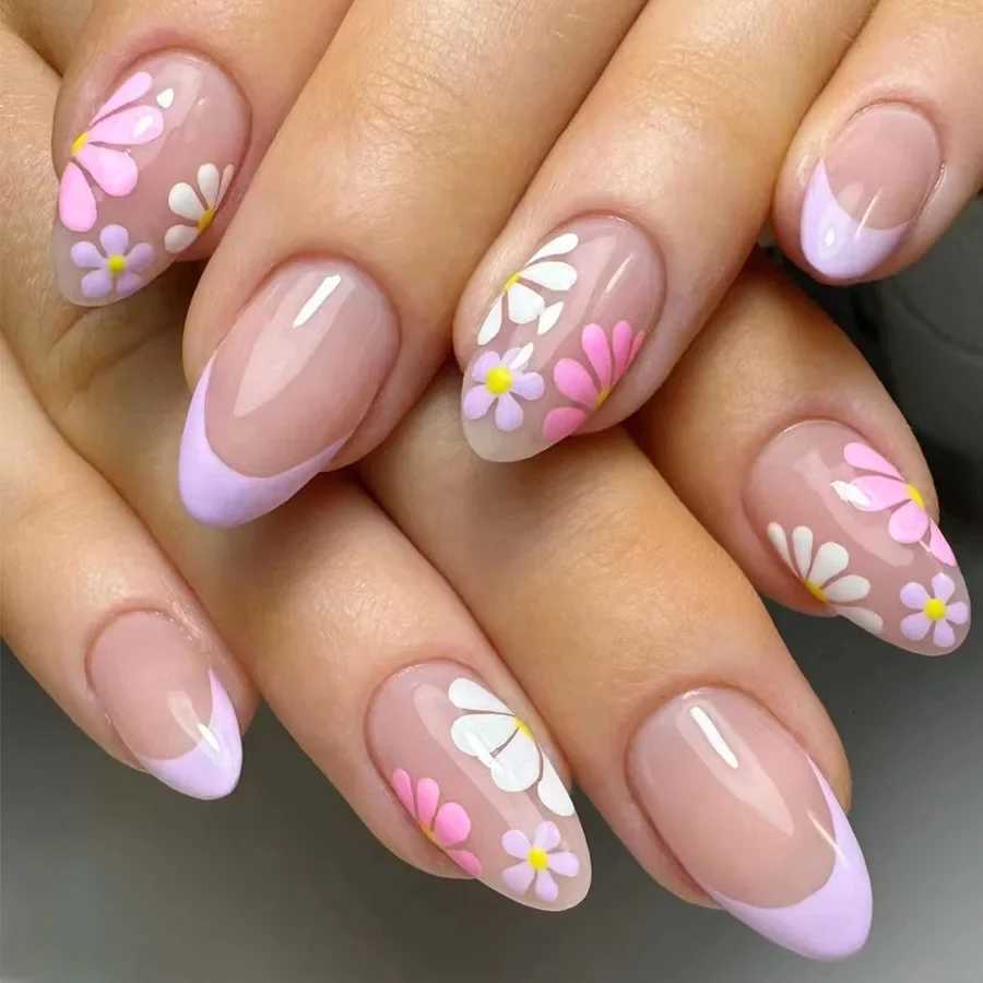 24pcs/box Glossy Short Square Fake Nails Colorful French Tip Press On Nails Flower Pattern Spring Summer False Nails For WomenT251118T251119