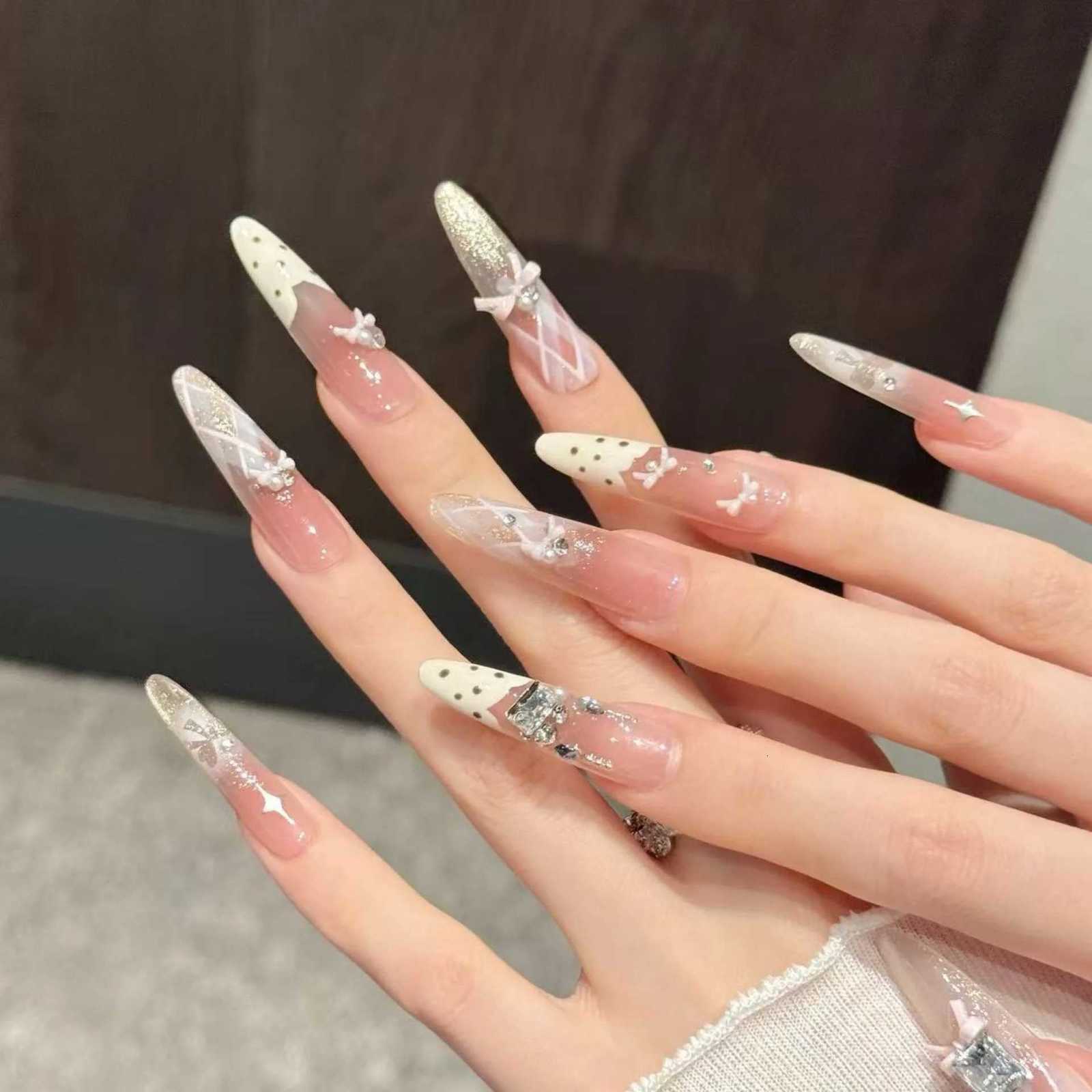10pcs Leopard Print Pink Nails Set Press on French Long Oval Handmade Fake Nails Tips Bow Diamond Design False Nail Art WearableT251118T251119