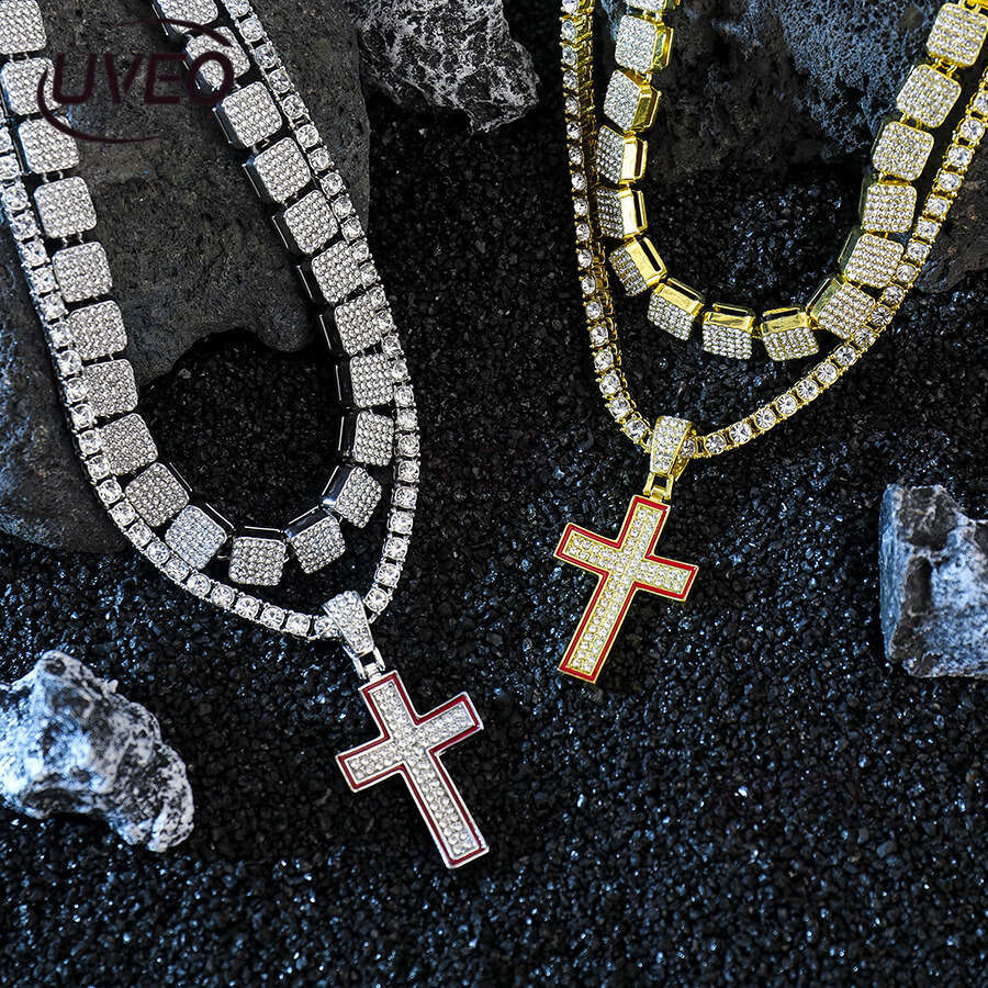 German Baguette Moissanite chic fashion jewelry Iced eye-catching pearl 925 sterling silver Gothic cross chain necklace Free delivery