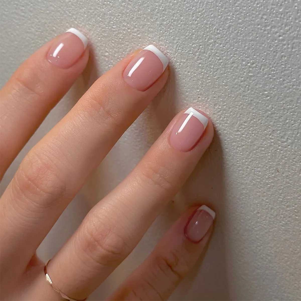24pcs/set short fake nails for women girls french nude square white tips with rhinestones glitters Y2K press on false nail artT251118T251119