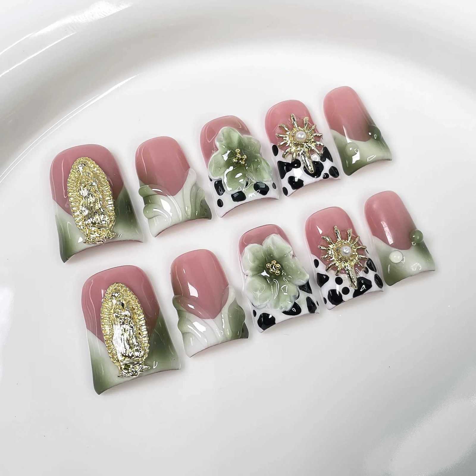 10pcs Flower Short Duckbill Handmade Press on Nails Set Pearl Seashell Design False Nails Art Reusable Blue French Fake Nail TipT251118T251119