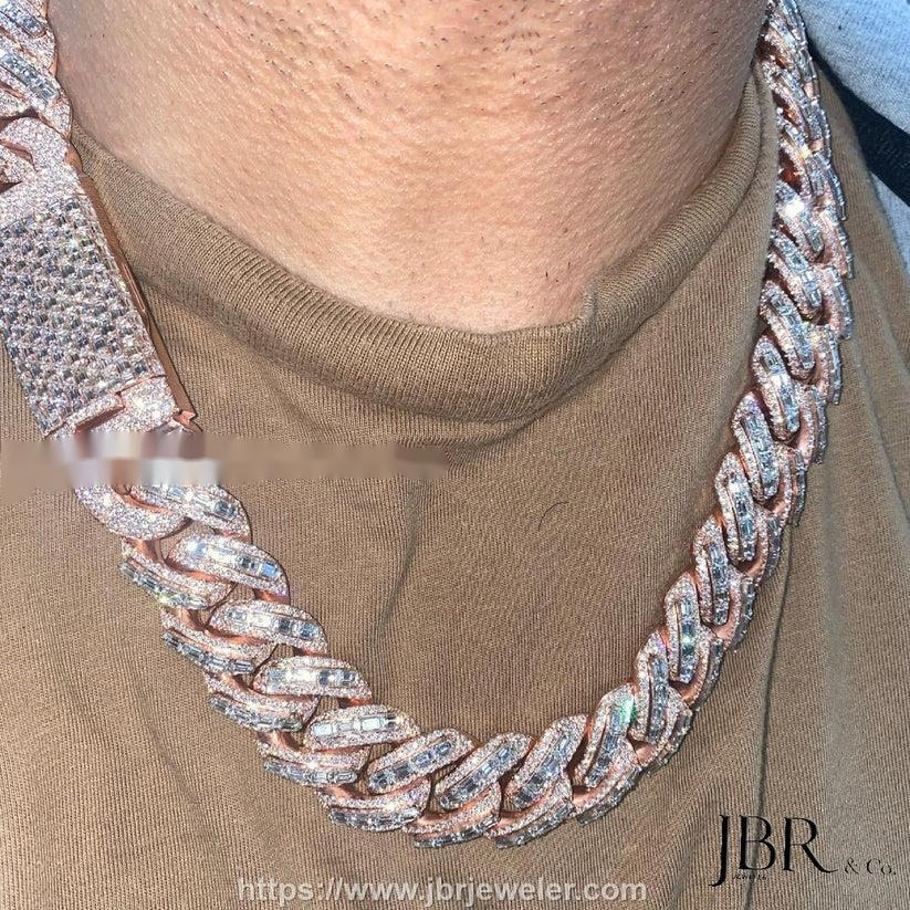 Popular Style 22mm Baguette VVS Moissanite Diamond Rose Gold Plated 925 Sterling Silver Iced Out Miami Cuban Link Chain For Men