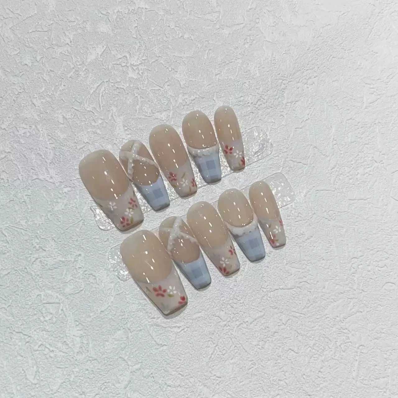 10PCS Flowers Plaid French Handmade False Nails 3D Stripe Decor Long Ballet Press On Nails Nude Sweet Spring Fake Nails WearableT251118T251119