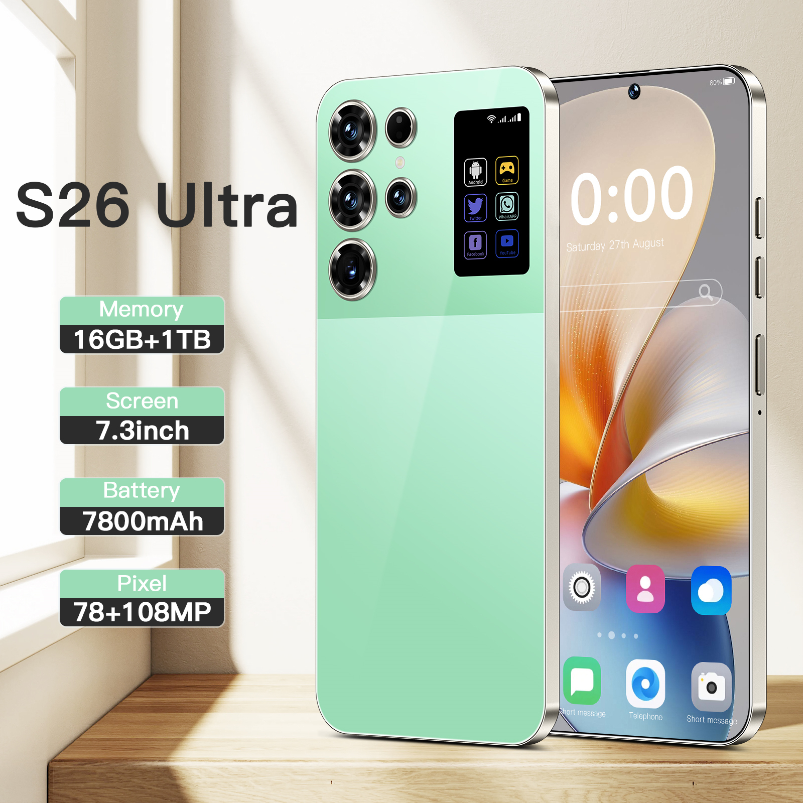 The best-selg S26 Ultra features an octa-core 16+1TB mid-hole 7.3-inch model Unlock Touch Screen Phone Androids Camera Telephone HD Display Face Recog