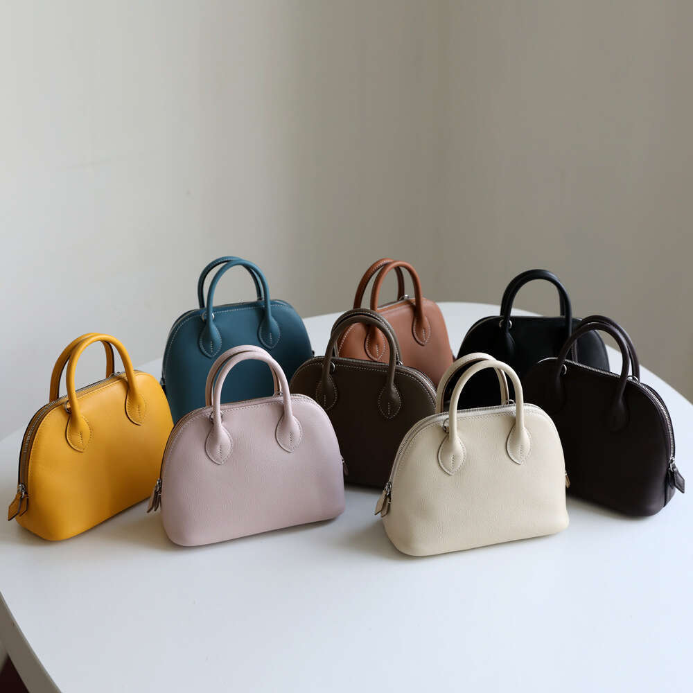 Head Layer Cowhide Mini Bolide Bowling Small Baolai Shell Bag, Semi Handmade Single Shoulder Crossbody Leather Women's Bag