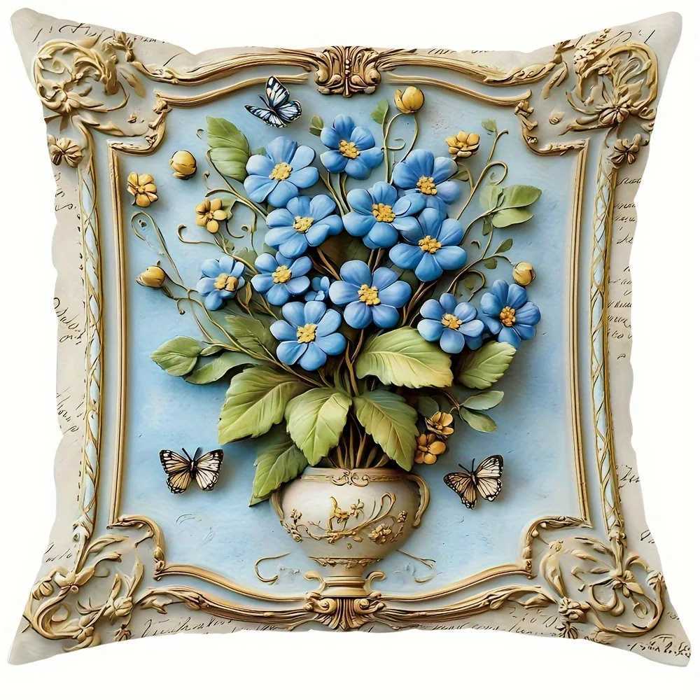 Blue Flowers Birds Butterflies throw cover with short plush print for living room sofa decoration cushion coverM251119