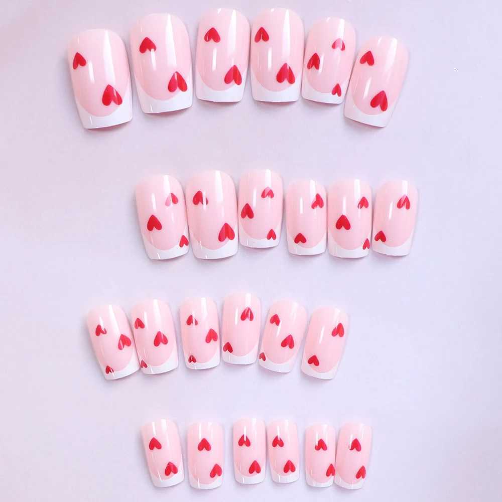 24PCS French short square Valentines Day Holiday Nail With Red Heart Design Glossy Nail Acrylic Full Coverage Fake NailT251118T251119