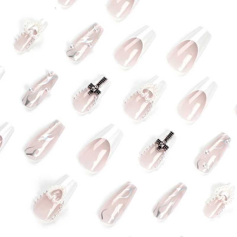 24Pcs Pearl heart Press on Nails Cross French Long Style Fake Nail for WomenGirl Removable Wearable Nail ArtT251118T251119