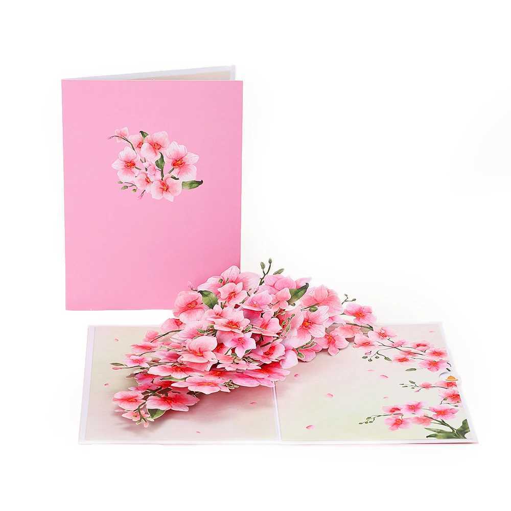 Phalaenopsis Blossom Greeting Cards Creative Pop Up Postcard Pink Flowers Decor Mothers Day Valentines Day Gifts With Envelope G251119