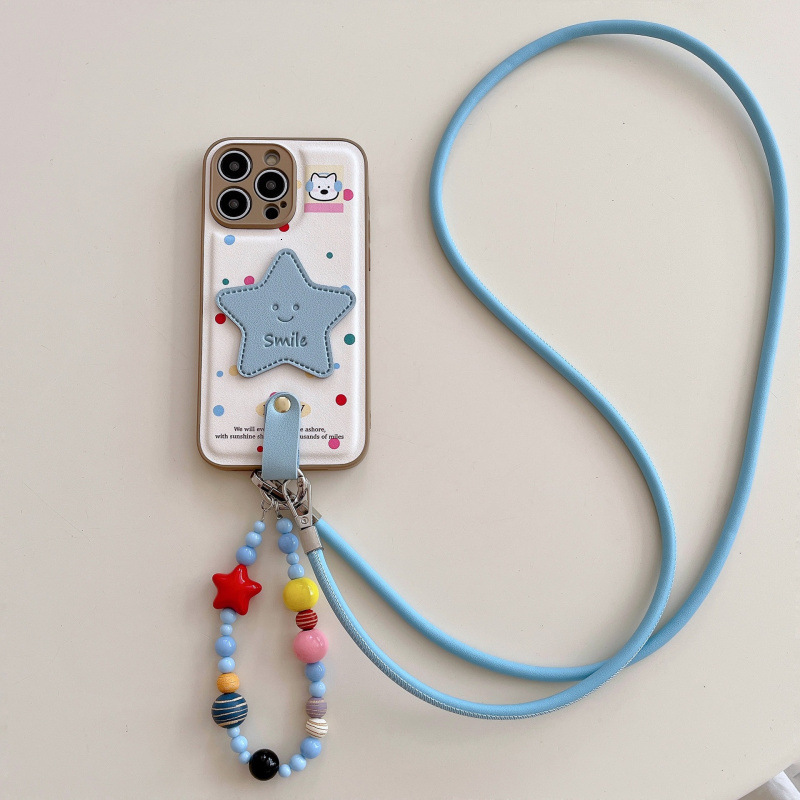 Leather Texture Colorful Polka Dot Star Phone Case for iPhone 17/16 Pro Crossbody Protective Cover iPhone 15/14
