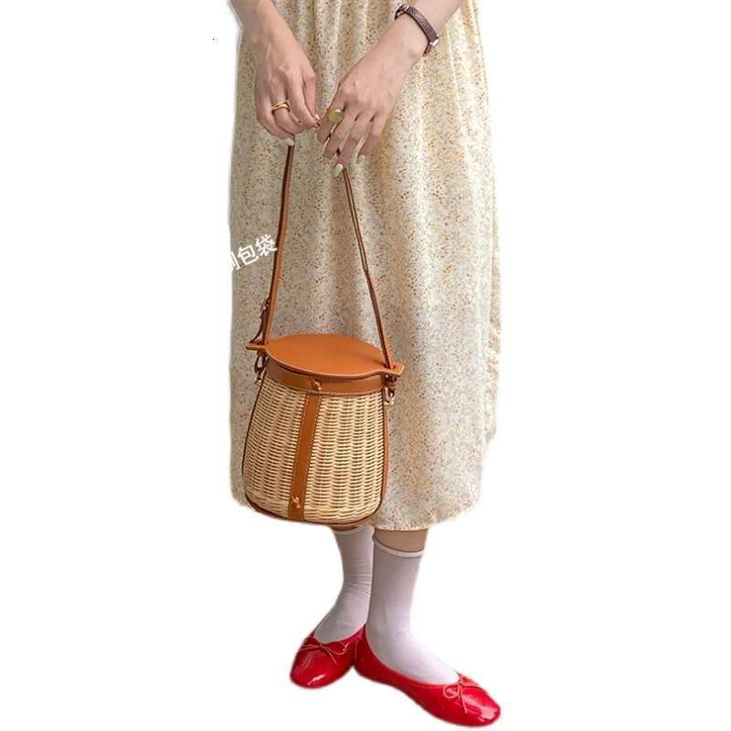 Bucket Single Shoulder Rattan Niche Design Bamboo Woven Portable Picnic Vegetable Basket Bag